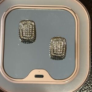 Pavé Rectangular Silver-Tone Stud Earrings - Sparkling Clear Stones